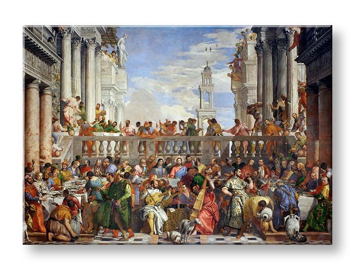 Pop art tablou pe pânză cu motivul Paolo Veronese - Svadba v Káne Galilejskej în albastru-verde nuanțe, atmosferă festivă, potrivit pentru bucătărie – produs, vedere 2