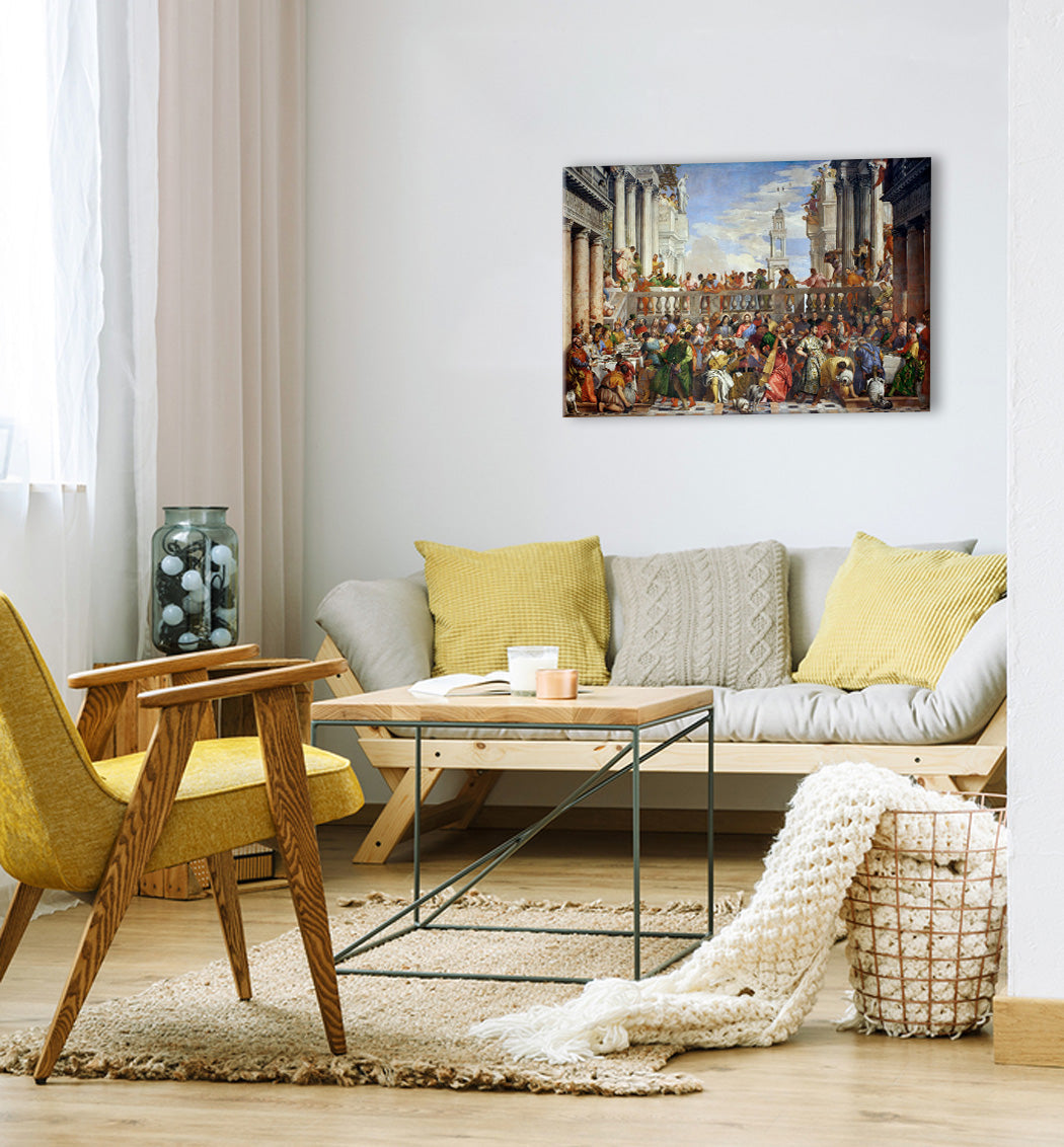 Pop art tablou pe pânză cu motivul Paolo Veronese - Svadba v Káne Galilejskej în albastru-verde nuanțe, atmosferă festivă, potrivit pentru bucătărie – principală