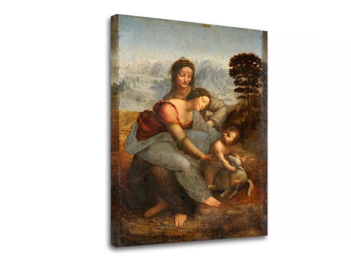 Vintage tablou pe pânză cu motivul Leonardo da Vinci - Svatá familie so svatou Annou, copil, peisaj în albastru-verde nuanțe, potrivit pentru hol – produs