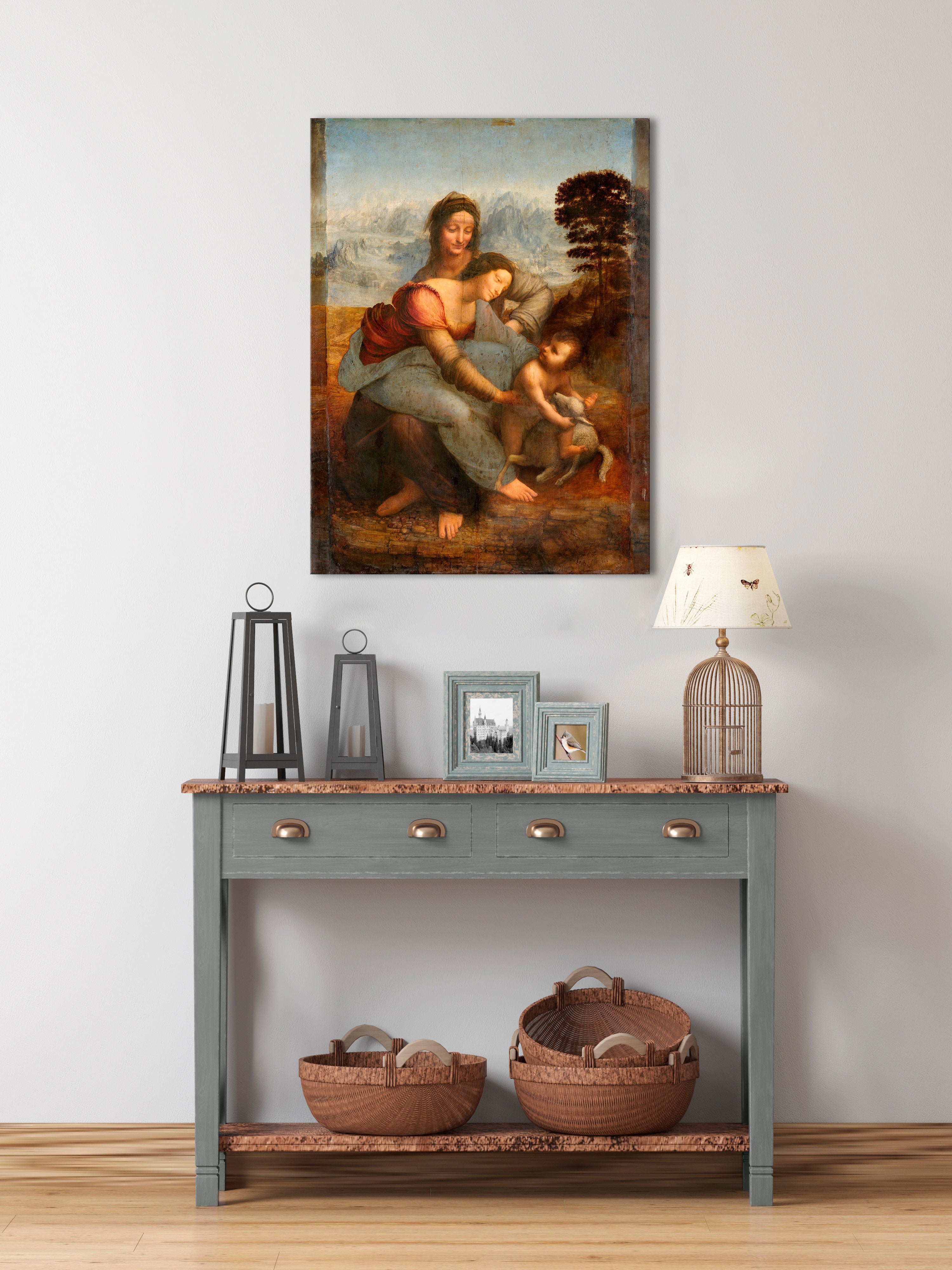 Vintage tablou cu motivul Leonardo da Vinci - Svatá familie so svatou Annou, copil, peisaj în albastru-verde nuanțe, familie și natură – previzualizare