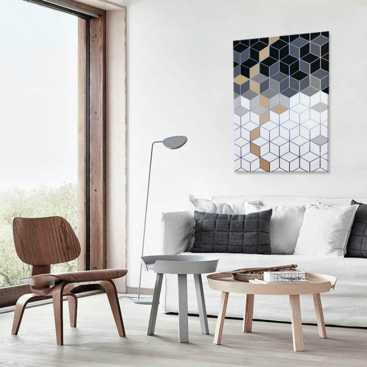 În stil scandinav tablou pe pânză cu motivul Liquid, natură în alb-gri nuanțe agățat în interiorul birou, atmosferă liniștită | Tablou de perete Liquid – interior