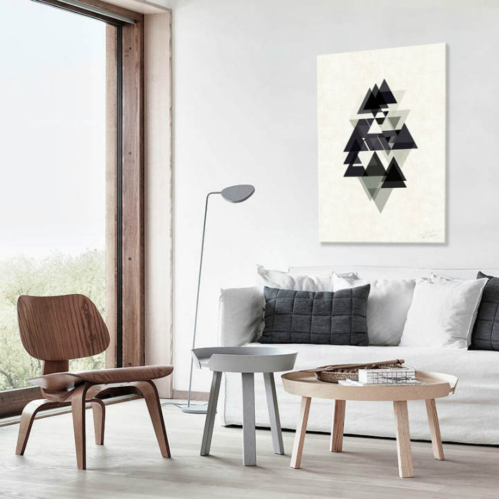 În stil scandinav tablou pe pânză cu motivul Remixed Space, natură în alb-gri nuanțe agățat în interiorul birou, atmosferă liniștită – interior