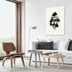 În stil scandinav tablou pe pânză cu motivul Remixed Space, natură în alb-gri nuanțe agățat în interiorul birou, atmosferă liniștită – interior