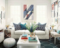 Minimalist tablou pe pânză cu motivul The Mystic Emotion în alb-albastru nuanțe agățat în interiorul sufragerie, atmosferă sofisticată – interior