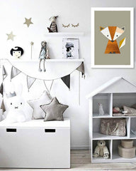 În stil scandinav tablou pe pânză cu motivul Soft Conflict, vulpe, motiv pentru copii, natură în alb-maro nuanțe agățat în interiorul cameră de copii – interior