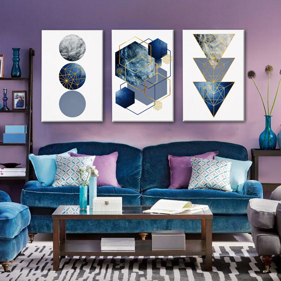 Geometric tablou pe pânză cu motivul Falling Mind în alb-albastru nuanțe agățat în interiorul birou, atmosferă sofisticată, eleganță – interior