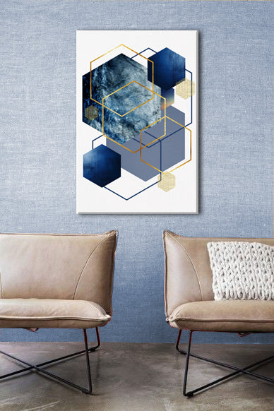 Geometric tablou pe pânză cu motivul The Tight Reality în alb-albastru nuanțe agățat în interiorul birou, atmosferă sofisticată, eleganță – interior