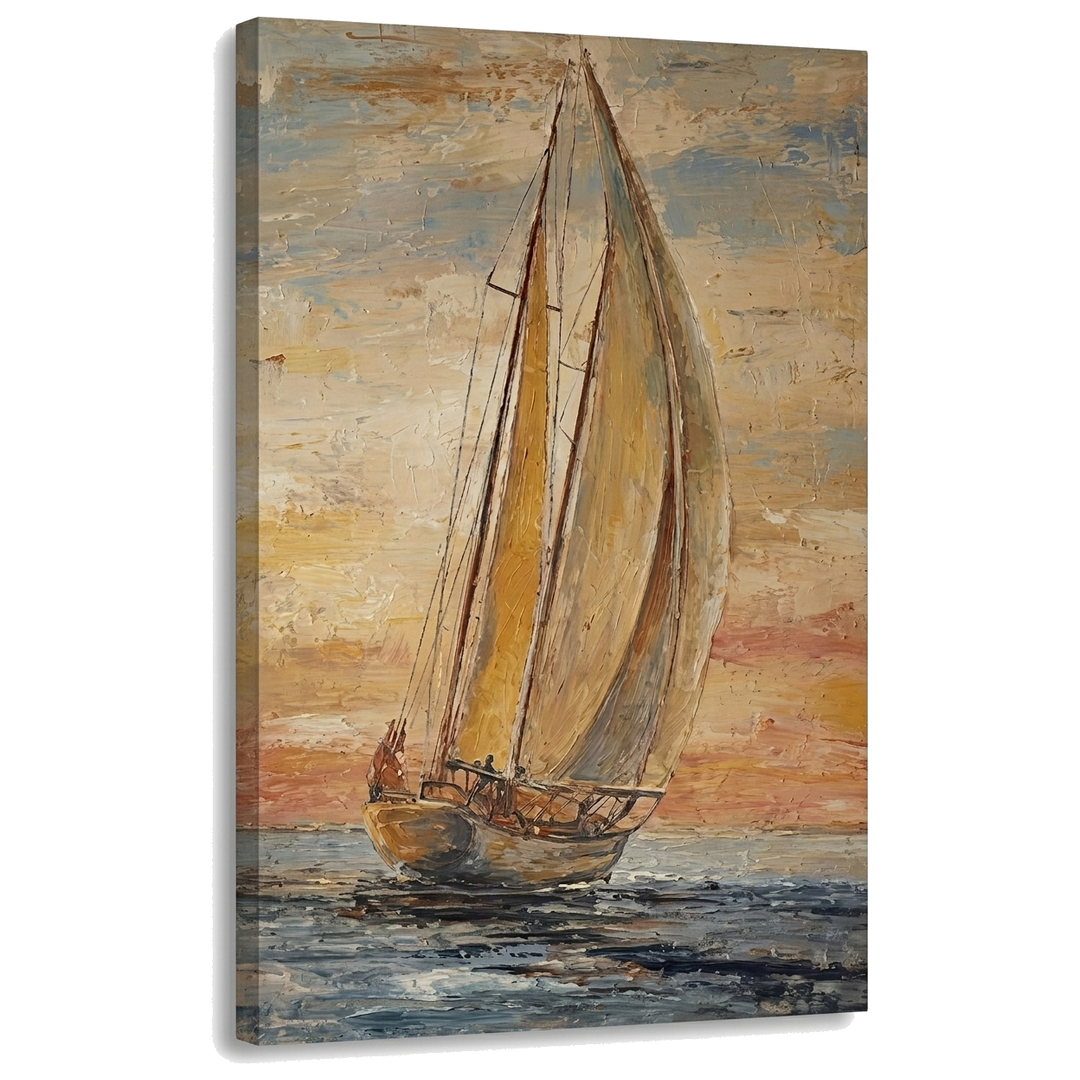 Tablou cu velier pe mare la apus pe pânză canvas, vizualizare 3D a șasiului din lemn, stil Premium Art de la Papilora.
