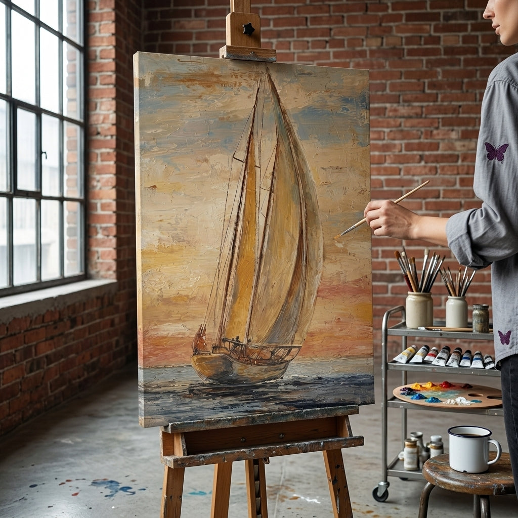 Artistă în atelierul Papilora lucrând la un tablou cu velier pe mare, lumină naturală, proces de creație artistică.