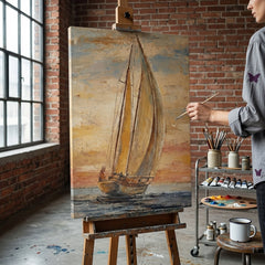 Artistă în atelierul Papilora lucrând la un tablou cu velier pe mare, lumină naturală, proces de creație artistică.