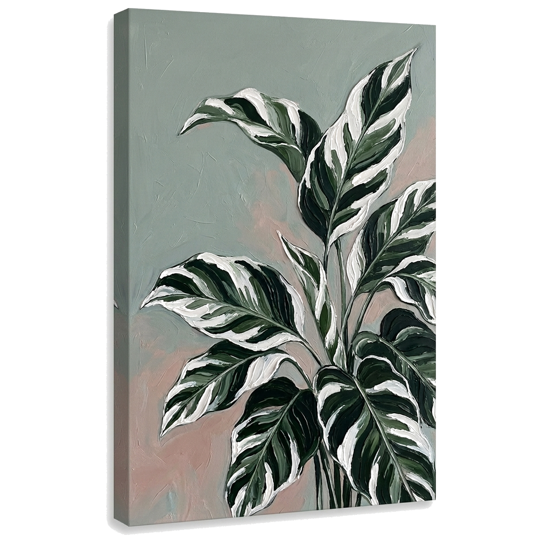 Tablou cu frunze mari de plantă tropicală pe pânză — vizualizare 3D a canvasului cu șasiu din lemn vizibil, Papilora Premium Art.