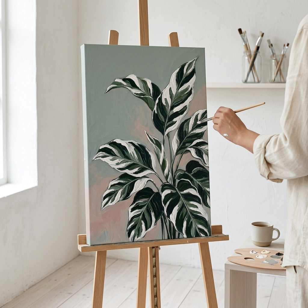 Artistă în atelierul Papilora lângă un șevalet cu un tablou cu frunze tropicale, lumină naturală de la o fereastră mare.