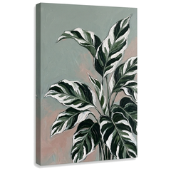 Tablou cu frunze mari de plantă tropicală pe pânză — vizualizare 3D a canvasului cu șasiu din lemn vizibil, Papilora Premium Art.