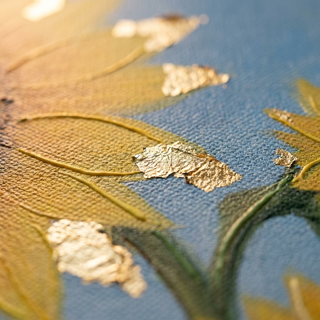 Detaliu macro al tușelor impasto pictate manual cu vopsea acrilică pe petalele florilor, textură în relief și calitate artistică.