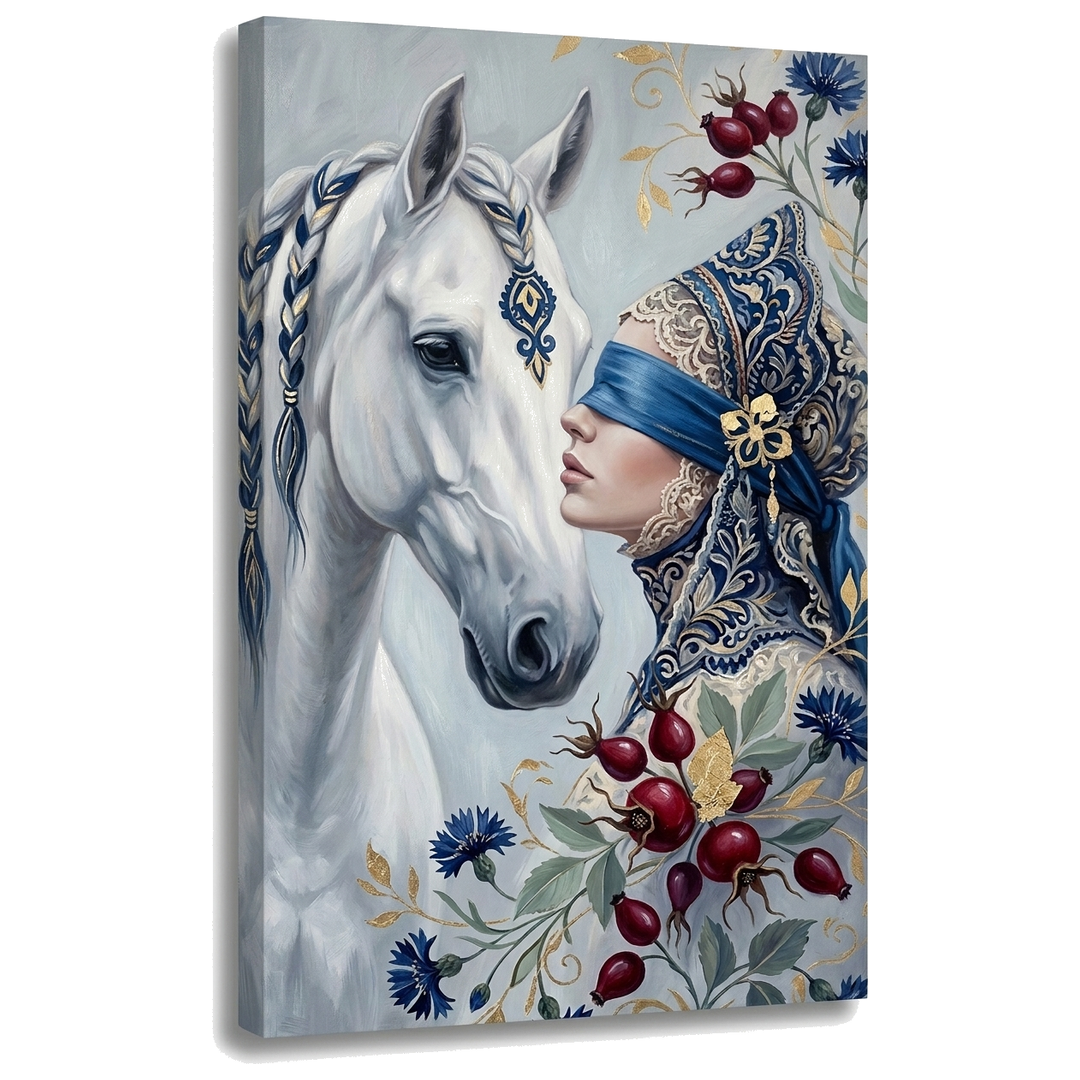 Tablou cu femeie cu ochii acoperiți și cal alb pe pânză, vizualizare 3D a canvasului cu șasiu din lemn, stil Premium Art de la Papilora.