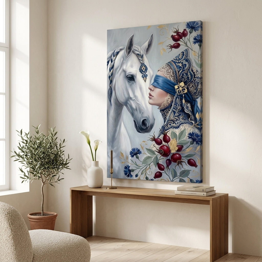 Tablou mistic cu femeie și cal alb, expus într-un living modern, deasupra unei console din lemn cu decorațiuni elegante.