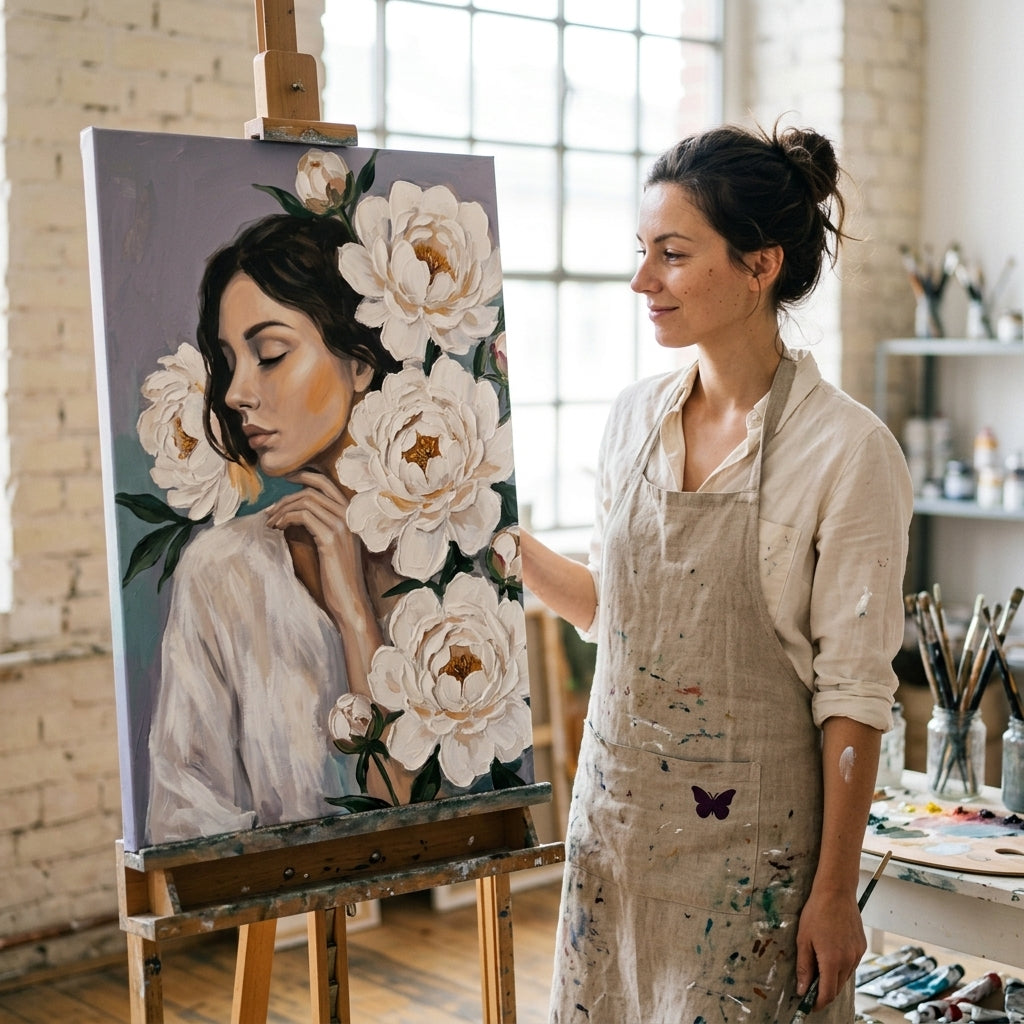 Artistă în atelierul Papilora lucrând la un tablou cu portret feminin și flori albe, iluminat natural de la fereastră.