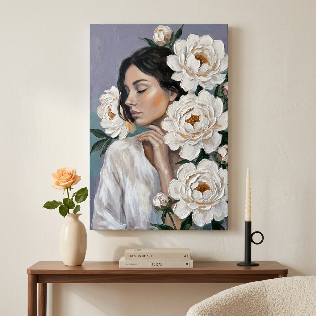 Tablou modern cu femeie și flori albe expus într-un living stilat, deasupra unei console din lemn cu vază și lumânare decorativă.