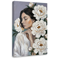 Tablou cu portret feminin și flori albe pe pânză — vizualizare 3D a canvasului cu șasiu din lemn vizibil, Papilora Premium Art.