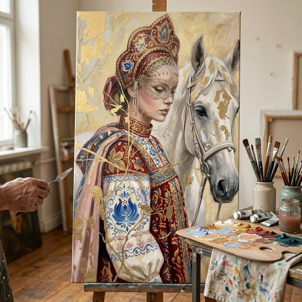 Artistă în atelierul Papilora lângă un șevalet cu tabloul portret al unei femei și un cal alb, iluminat natural pentru o calitate artistică superioară.