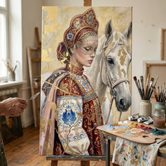 Artistă în atelierul Papilora lângă un șevalet cu tabloul portret al unei femei și un cal alb, iluminat natural pentru o calitate artistică superioară.