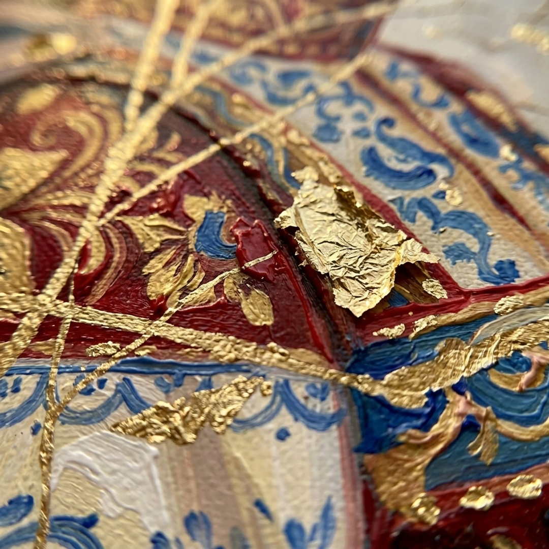 Detaliu macro al tușelor impasto pictate manual cu vopsea acrilică pe tablou, textură în relief și accente artistice de înaltă calitate.