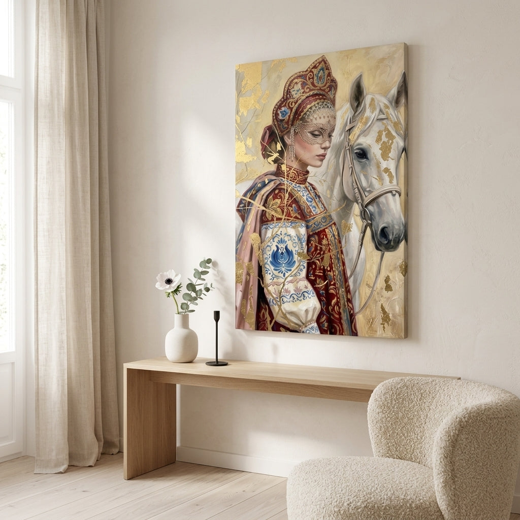 Tablou cu femeie în port tradițional și cal alb, expus într-un living modern, deasupra unei console din lemn cu vază și lumânare decorativă.