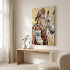 Tablou cu femeie în port tradițional și cal alb, expus într-un living modern, deasupra unei console din lemn cu vază și lumânare decorativă.