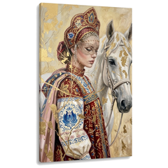 Tablou cu femeie în port tradițional, mască și cal alb, vizualizare 3D a pânzei cu șasiu din lemn vizibil, stil Premium Art de la Papilora.