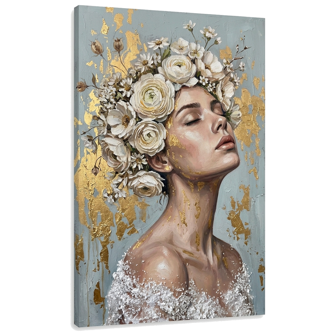 Tablou cu portret de femeie și coroană florală, vizualizare 3D a pânzei cu șasiu din lemn, stil Premium Art de la Papilora.