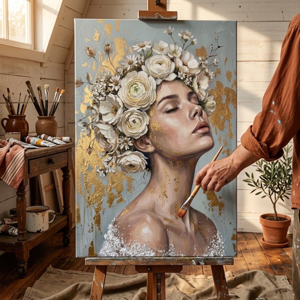 Artistă în atelierul Papilora lucrând la un tablou cu portret floral, iluminat natural pentru o calitate artistică superioară.