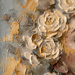 Detaliu macro al tușelor impasto pictate manual cu vopsea acrilică pe flori, evidențiind textura și relieful artistic al tabloului.