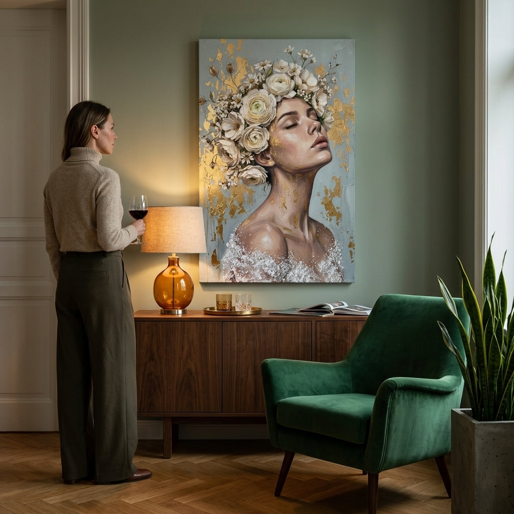 Tablou modern cu portret de femeie și flori, expus în livingul unei case elegante, deasupra unei console cu decorațiuni.