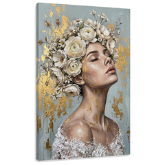 Tablou cu portret de femeie și coroană florală, vizualizare 3D a pânzei cu șasiu din lemn, stil Premium Art de la Papilora.