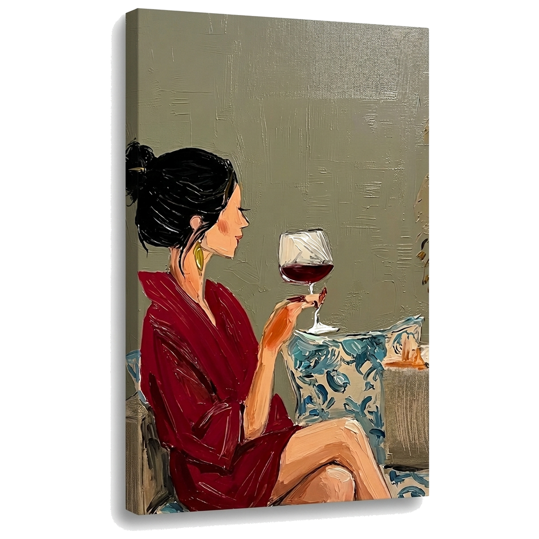 Tablou cu femeie și pahar de vin pe pânză — vizualizare 3D a canvasului cu șasiu din lemn, Papilora Premium Art.
