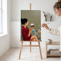 Artistă în atelierul Papilora lucrând la un tablou cu femeie și pahar de vin, iluminat natural pentru un finisaj perfect.