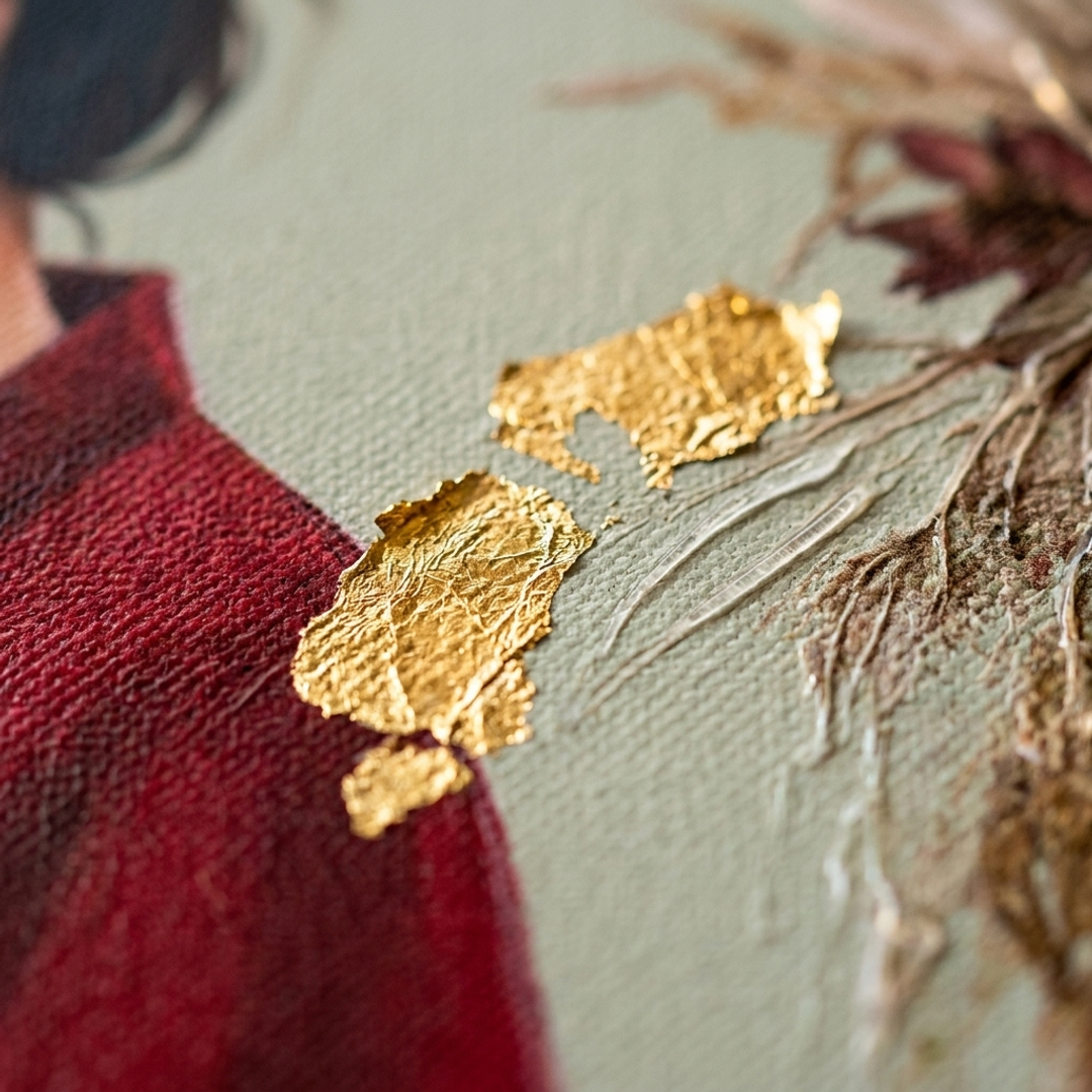 Detaliu macro al tușelor impasto pictate manual cu vopsea acrilică, relief vizibil și textură autentică — Papilora Crafted for Home.