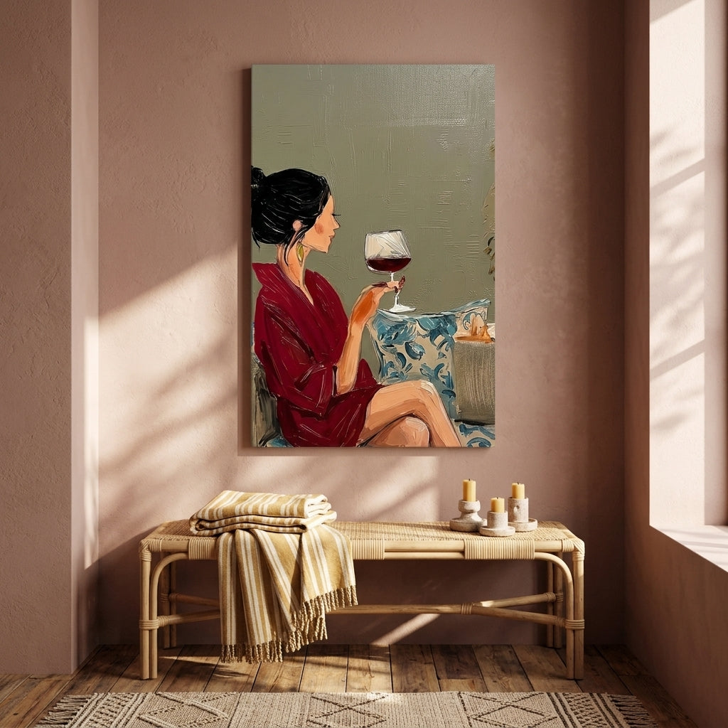 Tablou cu femeie și vin expus într-un living modern, deasupra unei console cu vază și lumânare pentru un decor elegant.
