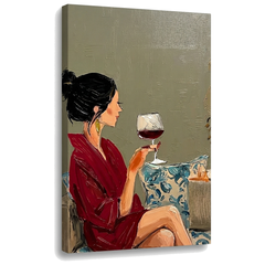 Tablou cu femeie și pahar de vin pe pânză — vizualizare 3D a canvasului cu șasiu din lemn, Papilora Premium Art.