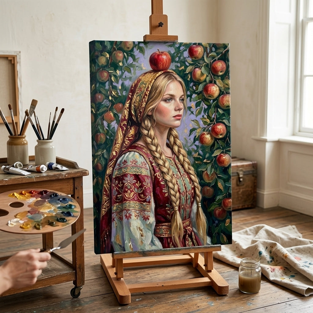 Artistă în atelierul Papilora lucrând la un tablou cu portret folcloric, lângă șevalet din lemn, lumină naturală de la fereastră.
