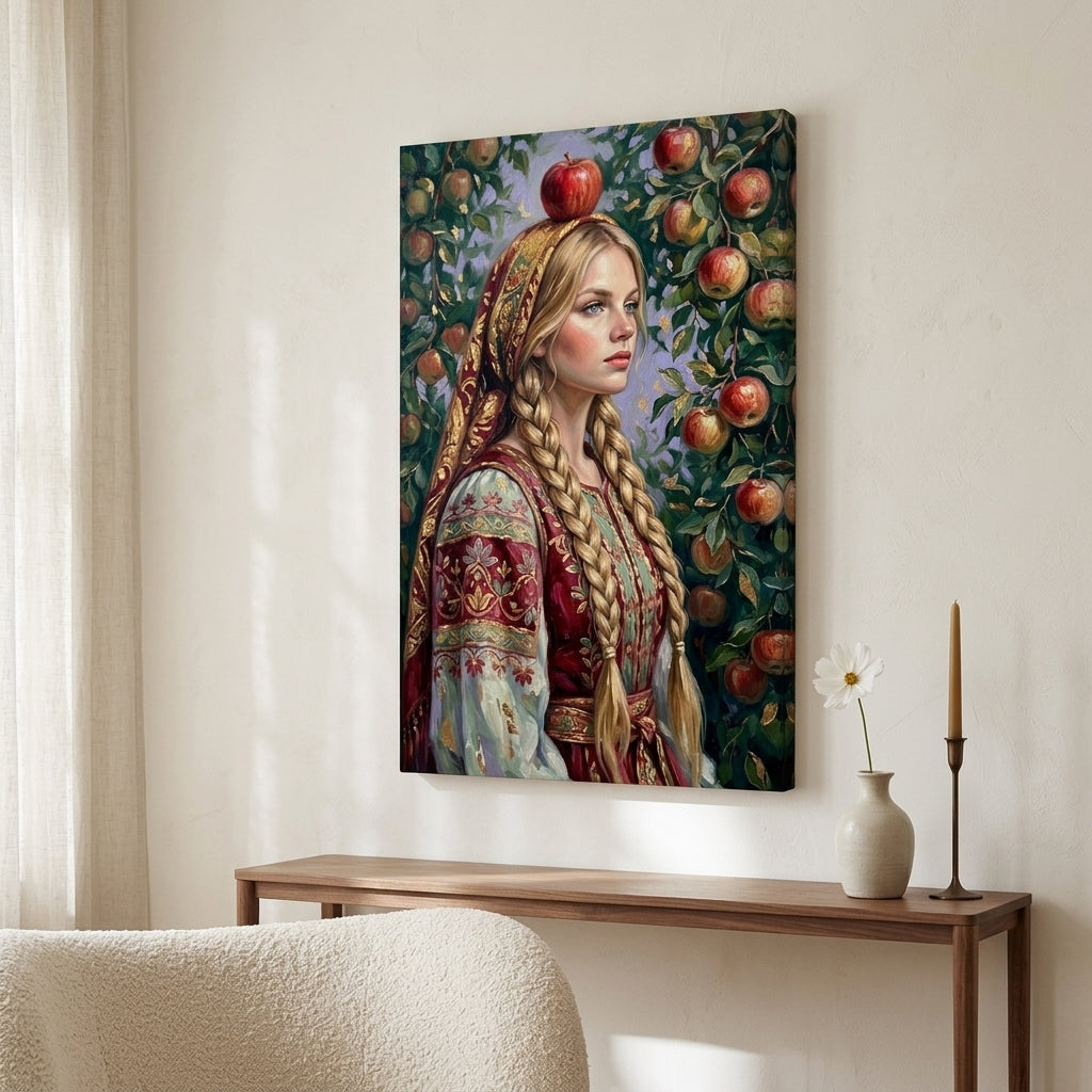 Tablou cu femeie în costum popular și măr, expus într-un living modern deasupra unei console din lemn cu vază și lumânare decorativă.