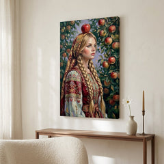 Tablou cu femeie în costum popular și măr, expus într-un living modern deasupra unei console din lemn cu vază și lumânare decorativă.