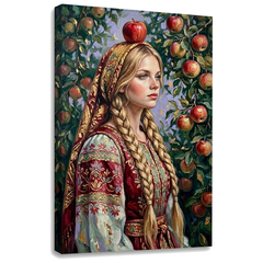 Tablou cu femeie tânără în costum popular tradițional cu măr, pânză canvas cu șasiu din lemn vizibil, stil Premium Art, Papilora.
