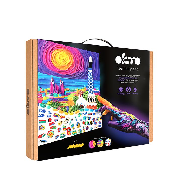 Modern tablou pe pânză cu motivul far, castel, plajă, soare în violet-albastru nuanțe, atmosferă capricioasă, creativitate | OKTO creativă 3D set "Park Guell v Barcelone" 30 x 40 cm – principală
