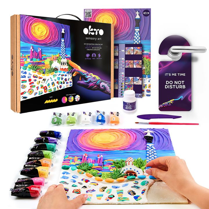 Modern tablou pe pânză cu motivul far, castel, plajă, soare în violet-albastru nuanțe, atmosferă capricioasă, creativitate | OKTO creativă 3D set "Park Guell v Barcelone" 30 x 40 cm – produs