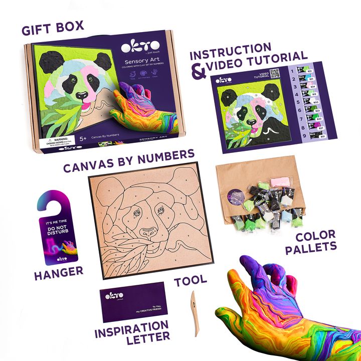 Modern tablou pe pânză cu motivul bambus în verde-violet nuanțe, atmosferă jucăușă, natură și creativitate | OKTO pictură samotvrdnúcou hmotou 30 x 30 cm Panda – produs, vedere 2