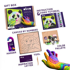 Modern tablou pe pânză cu motivul bambus în verde-violet nuanțe, atmosferă jucăușă, natură și creativitate | OKTO pictură samotvrdnúcou hmotou 30 x 30 cm Panda – produs, vedere 2