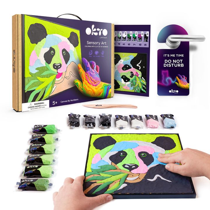 Modern tablou pe pânză cu motivul bambus în verde-violet nuanțe, atmosferă jucăușă, natură și creativitate | OKTO pictură samotvrdnúcou hmotou 30 x 30 cm Panda – produs