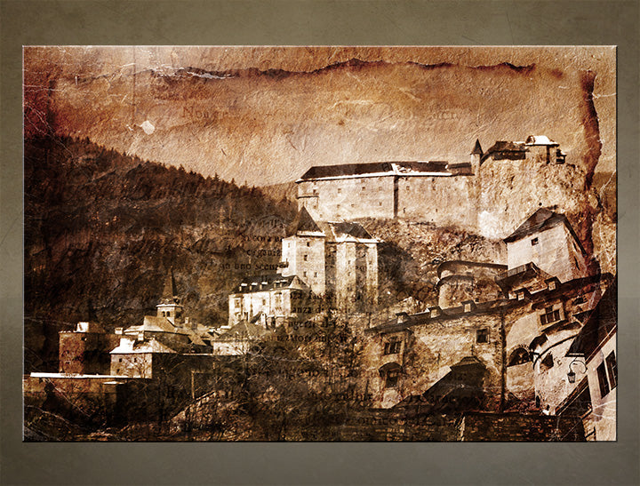 Vintage tablou pe pânză cu motivul castel, copaci în maro nuanțe, atmosferă nostalgică, potrivit pentru birou | Orava – principală