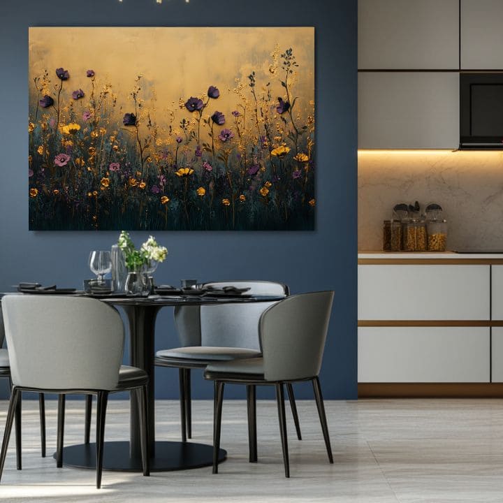 Pictat manual tablou pe pânză cu motivul večerná pajiște, maci în auriu-galben nuanțe, atmosferă elegantă, natură și impresie de lux | Tablou večerná pajiște – produs, vedere 2